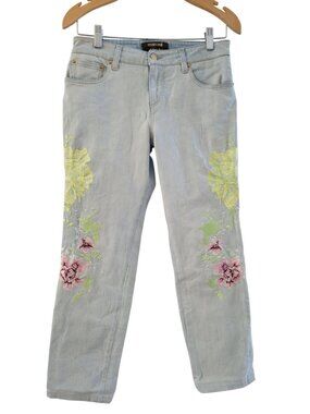 Roberto Cavalli Embroidered Floral Jeans size 6 to 8 light wash denim Italy 2010